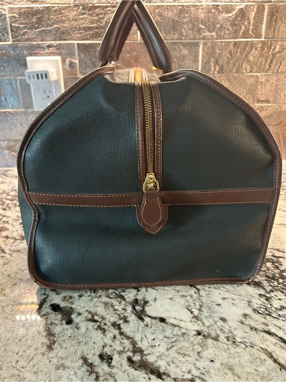 Dunhill Black Duffel with Brown Leather Trim and Gold Accents